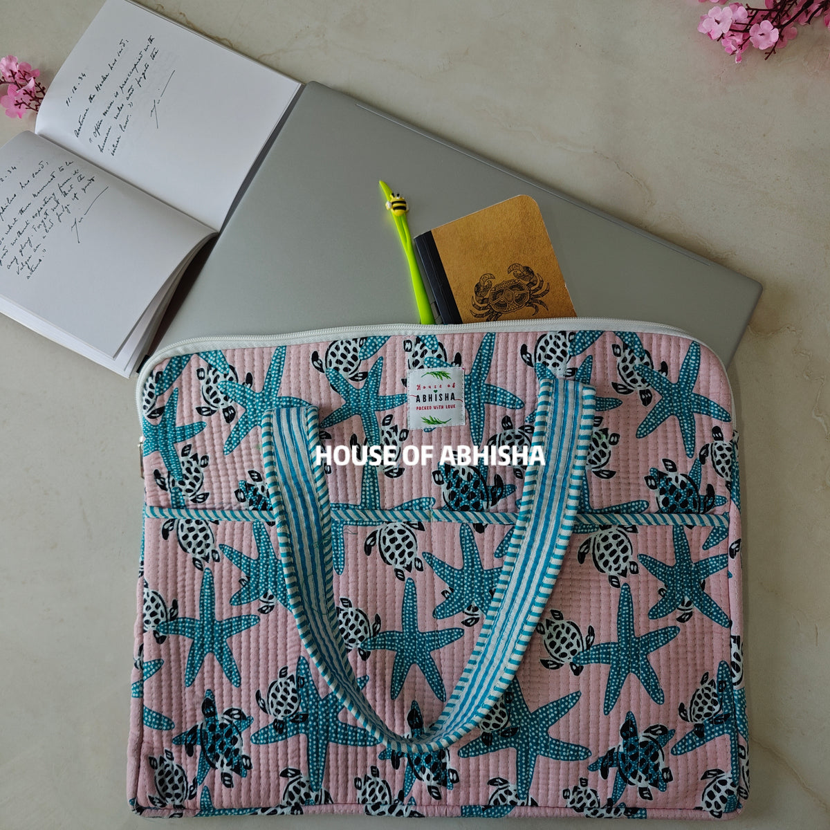 Sandy Toes Handblock Printed Quilted Laptop Bag with Handles