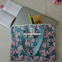 Sandy Toes Handblock Printed Quilted Laptop Bag with Handles