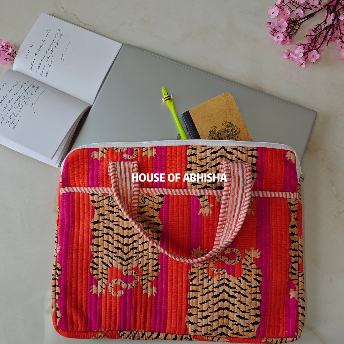 Jungle Bagh Handblock Printed Quilted Laptop Bag with Handles