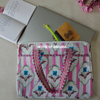 Gulnaar Handblock Printed Quilted Laptop Bag with Handles