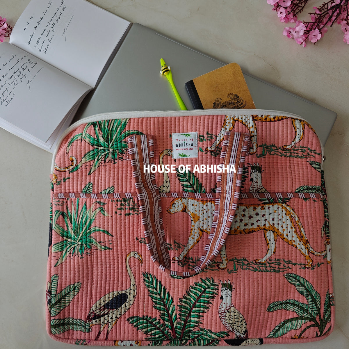 Jungle Tribe Handblock Printed Quilted Laptop Bag with Handles