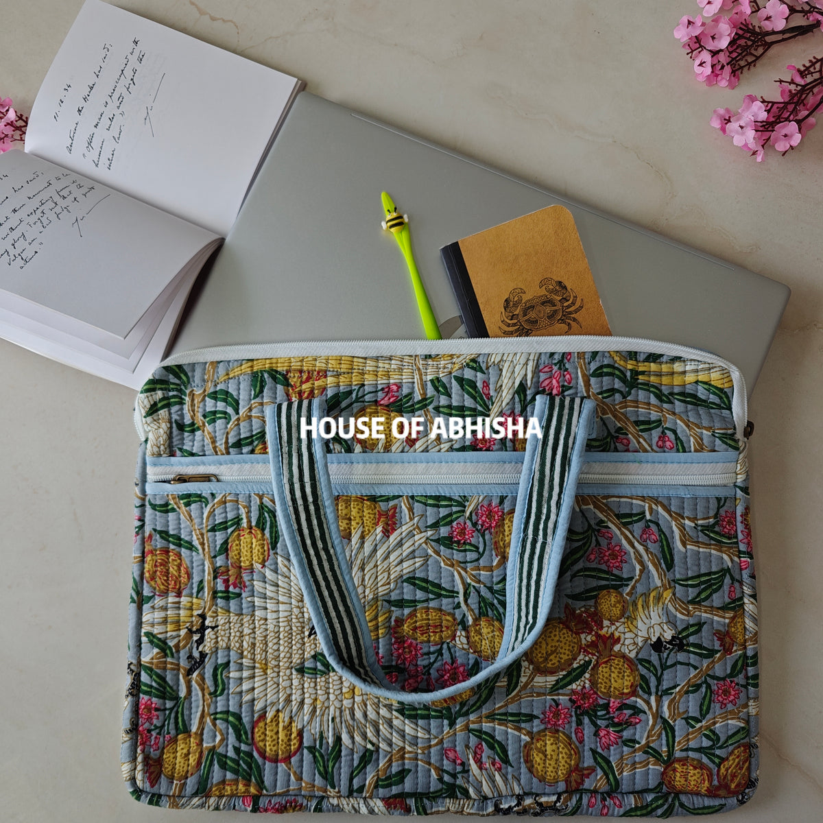 Rangrez Handblock Printed Quilted Laptop Bag with Handles