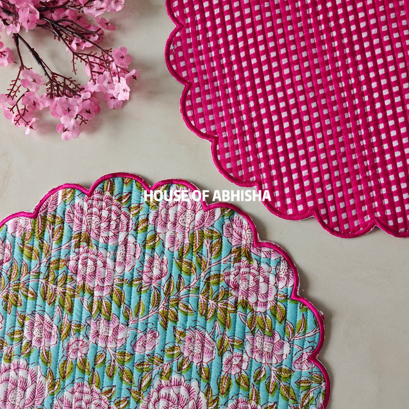 Fern Handblock Printed Quilted Scalloped Table Mats – Set of 6