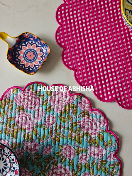 Fern Handblock Printed Quilted Scalloped Table Mats – Set of 6