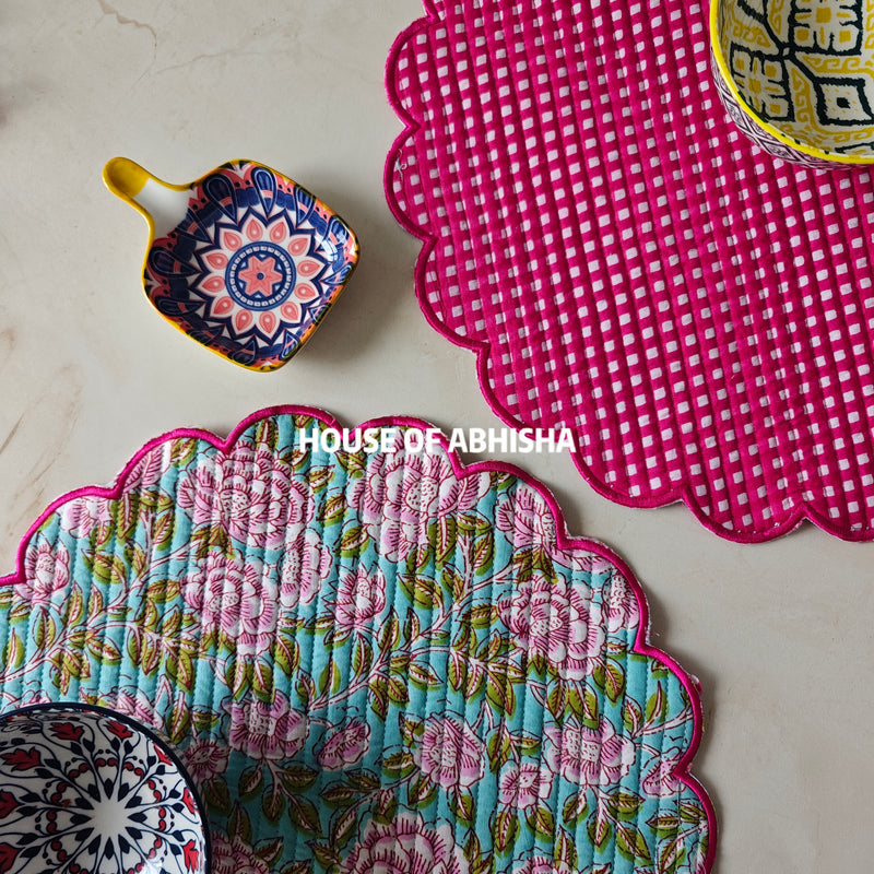 Fern Handblock Printed Quilted Scalloped Table Mats – Set of 6