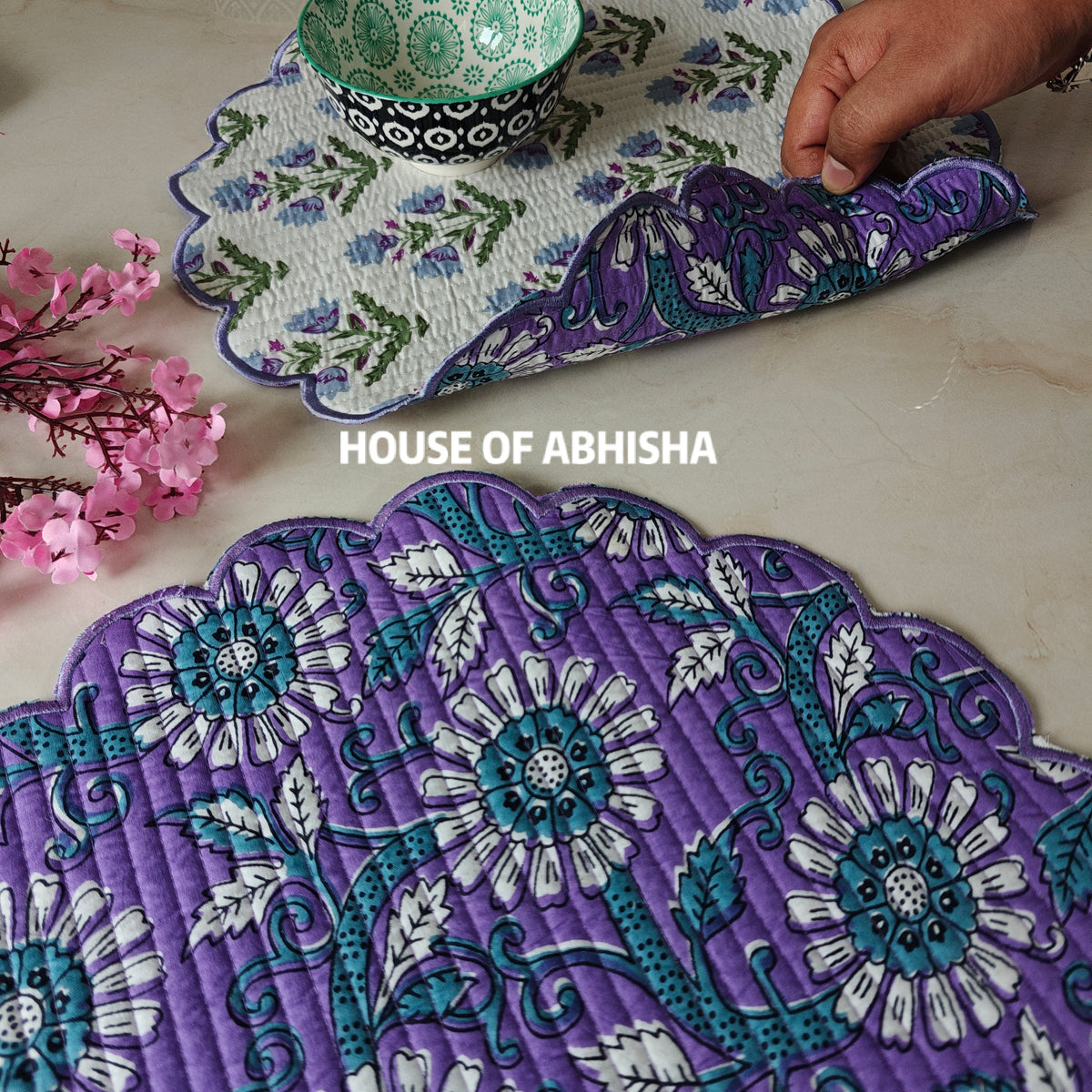 Aprajita Handblock Printed Quilted Scalloped Table Mats – Set of 6