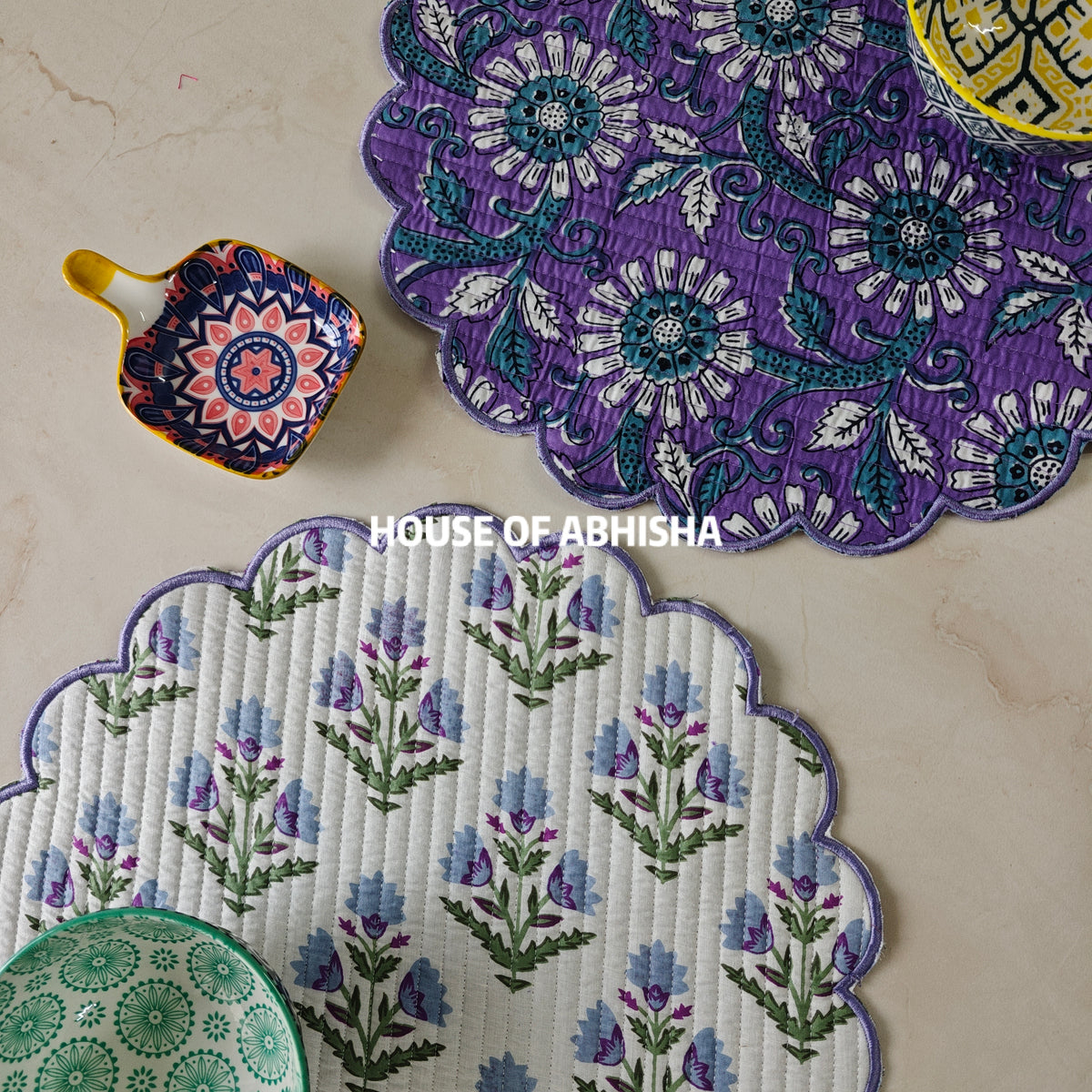 Aprajita Handblock Printed Quilted Scalloped Table Mats – Set of 6