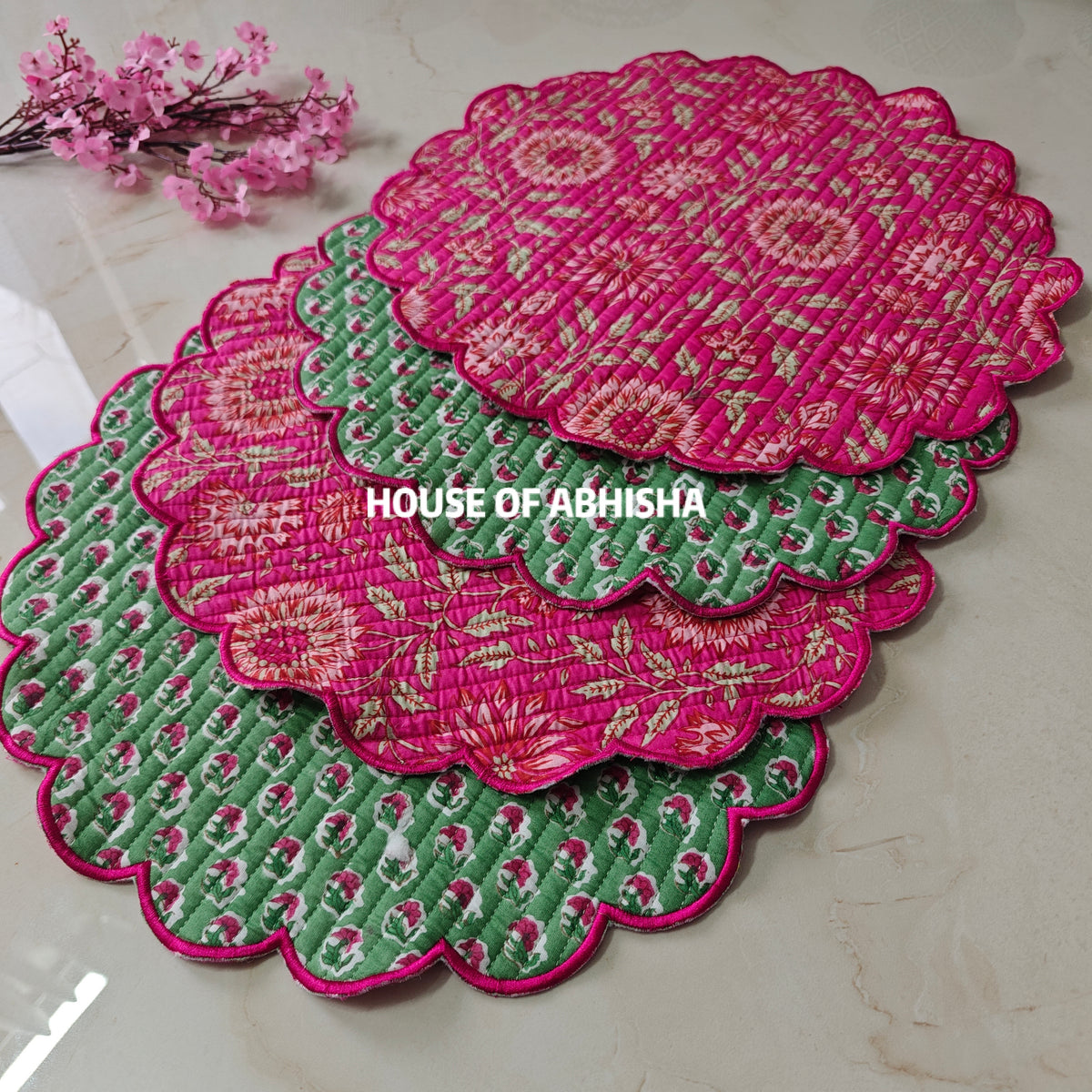 Bahar Handblock Printed Quilted Scalloped Table Mats – Set of 4