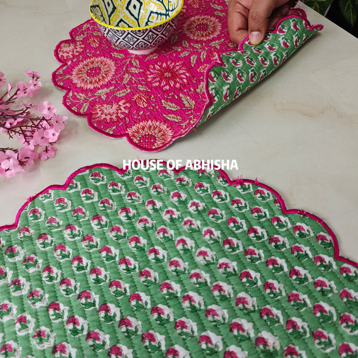 Bahar Handblock Printed Quilted Scalloped Table Mats – Set of 4