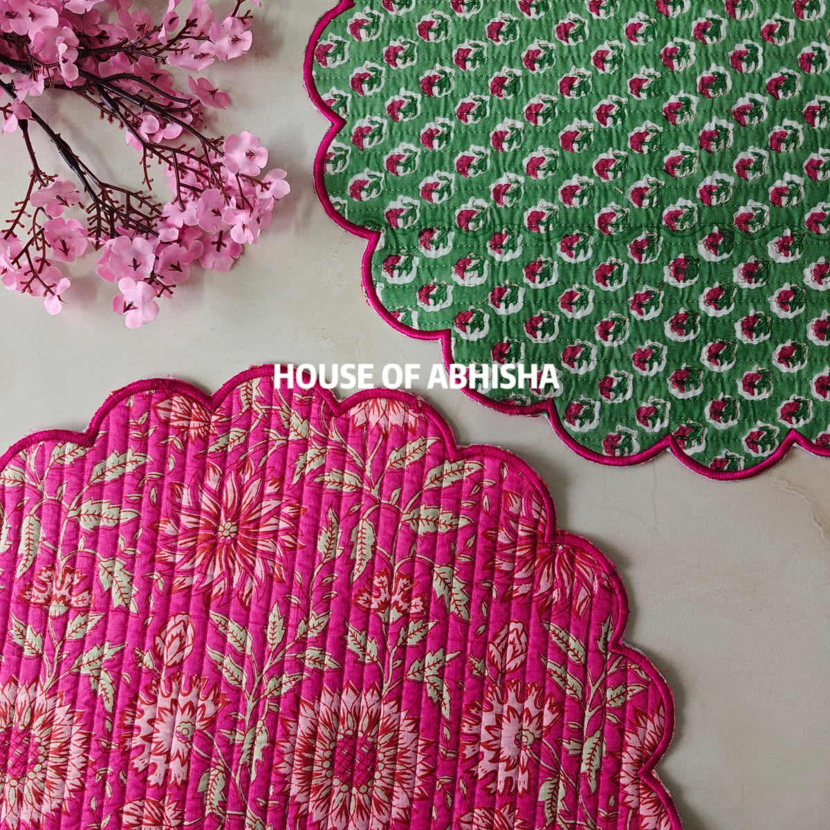 Bahar Handblock Printed Quilted Scalloped Table Mats – Set of 4