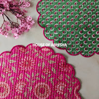 Bahar Handblock Printed Quilted Scalloped Table Mats – Set of 4