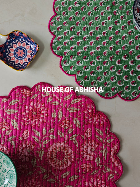 Bahar Handblock Printed Quilted Scalloped Table Mats – Set of 4