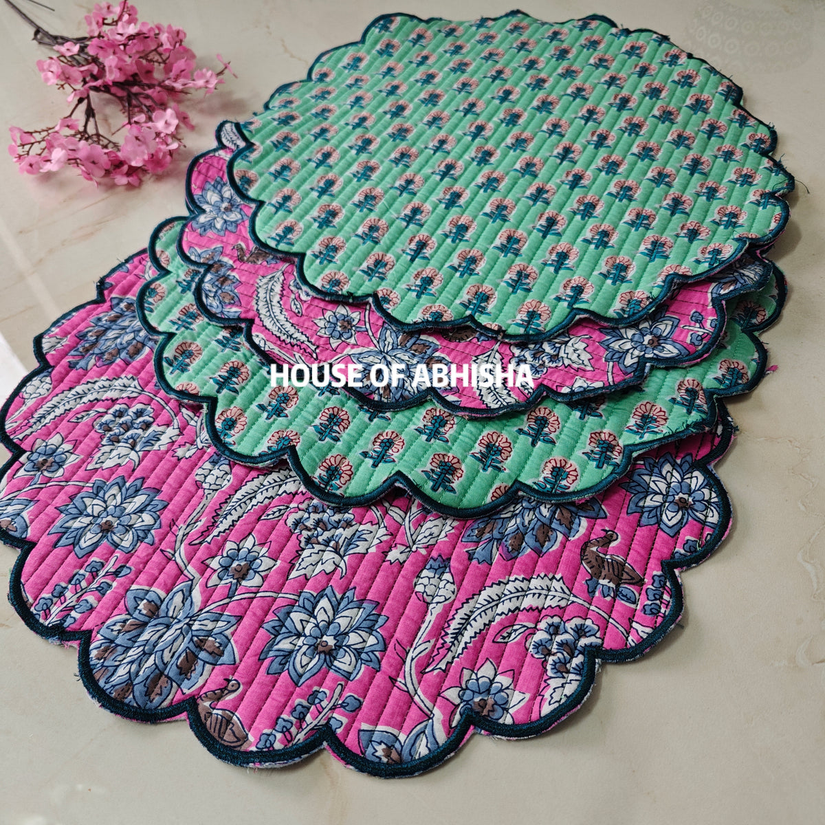 Madhubani Handblock Printed Quilted Scalloped Table Mats – Set of 4