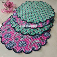 Madhubani Handblock Printed Quilted Scalloped Table Mats – Set of 4