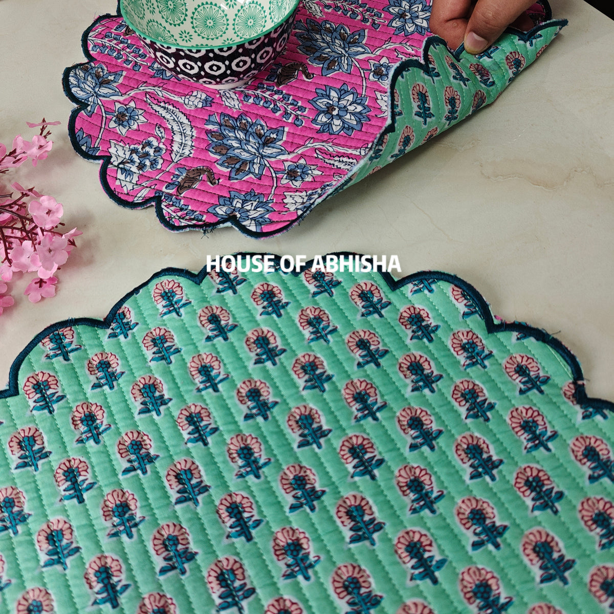 Madhubani Handblock Printed Quilted Scalloped Table Mats – Set of 4