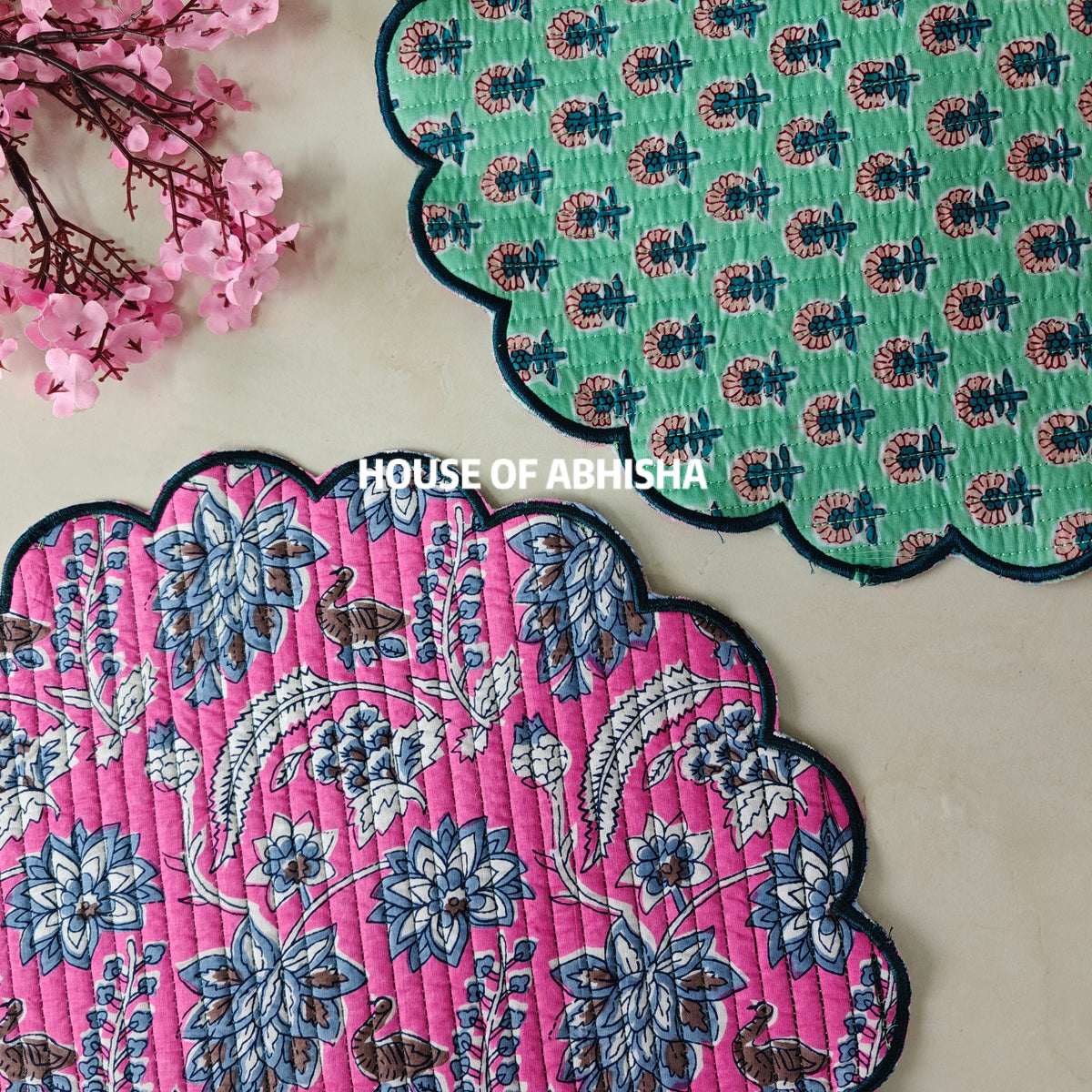 Madhubani Handblock Printed Quilted Scalloped Table Mats – Set of 4