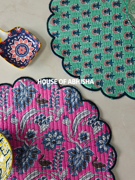 Madhubani Handblock Printed Quilted Scalloped Table Mats – Set of 4