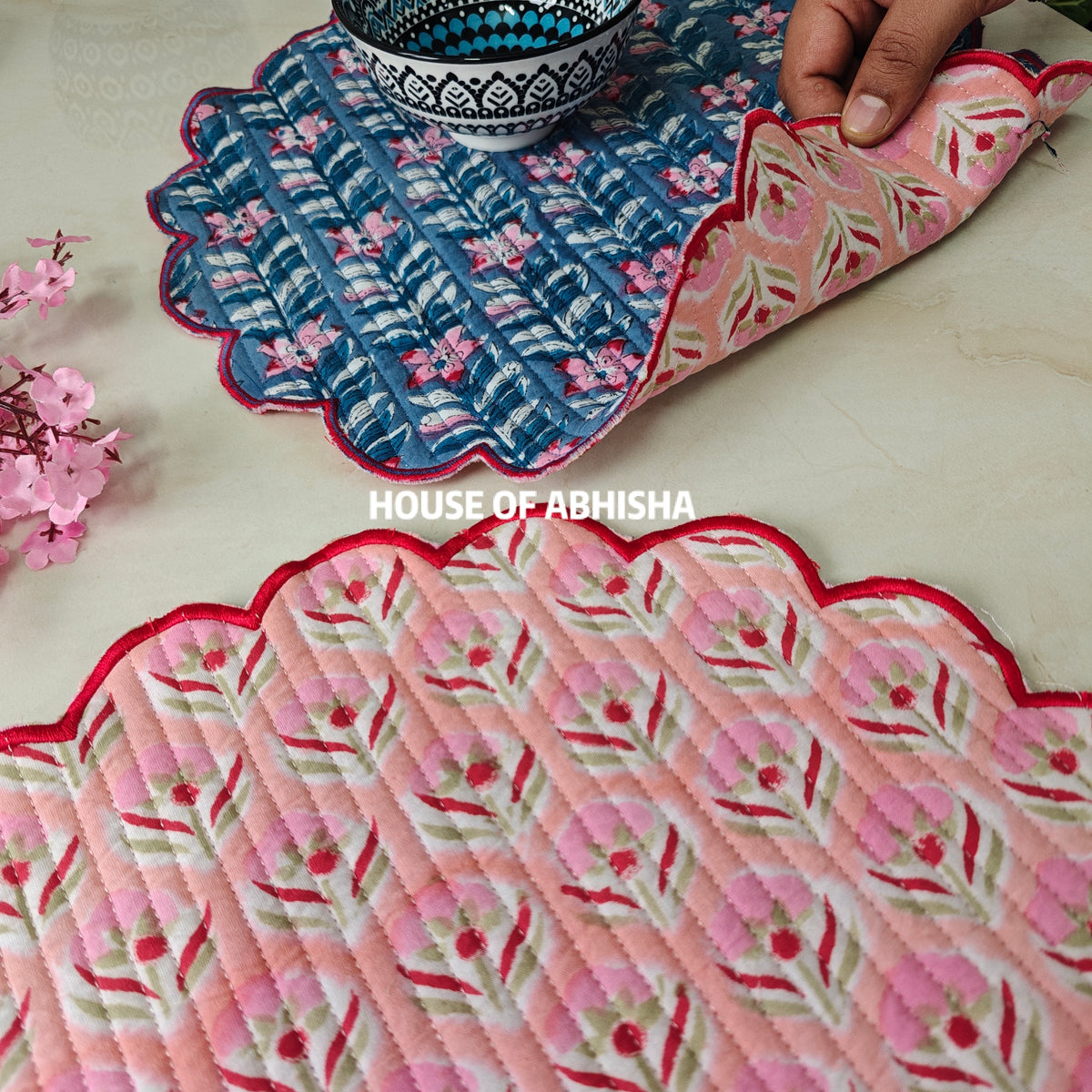 Tulip Handblock Printed Quilted Scalloped Table Mats – Set of 2