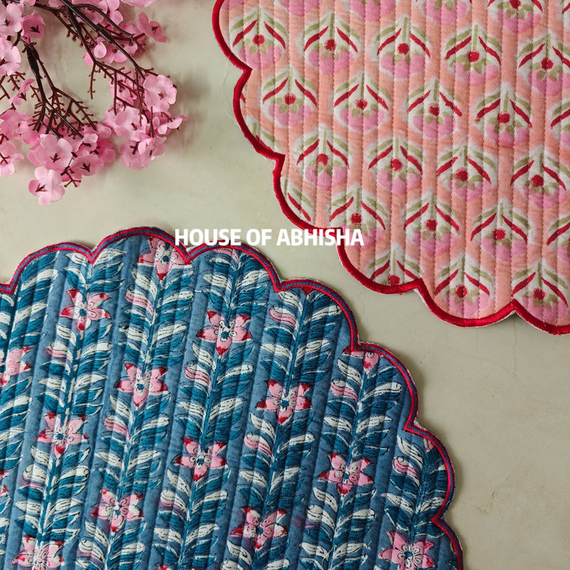 Tulip Handblock Printed Quilted Scalloped Table Mats – Set of 2