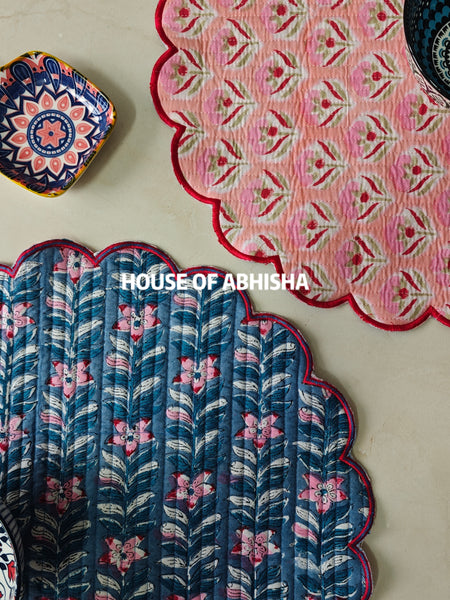 Tulip Handblock Printed Quilted Scalloped Table Mats – Set of 2
