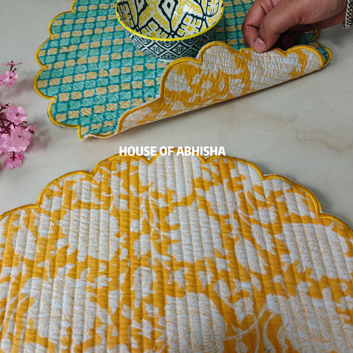 Musk Handblock Printed Quilted Scalloped Table Mats – Set of 2