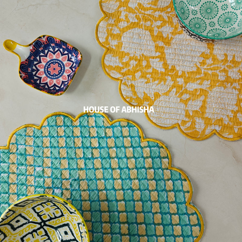 Musk Handblock Printed Quilted Scalloped Table Mats – Set of 2