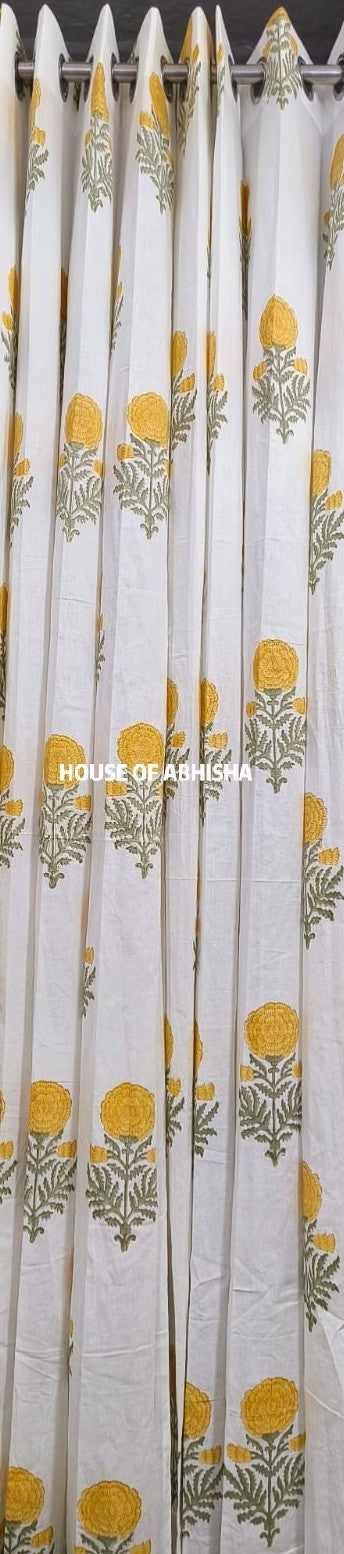Yellow Marigold Handblock Printed Cotton Curtains
