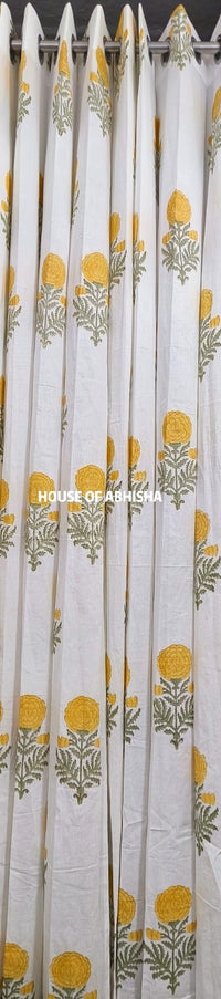 Yellow Marigold Handblock Printed Cotton Curtains