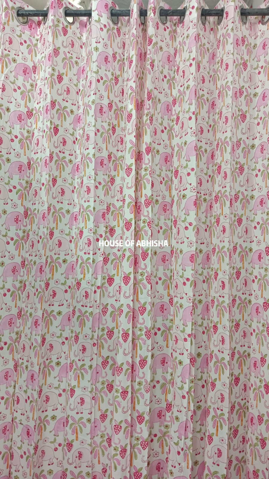 Pink Elephant Handblock Printed Cotton Curtains