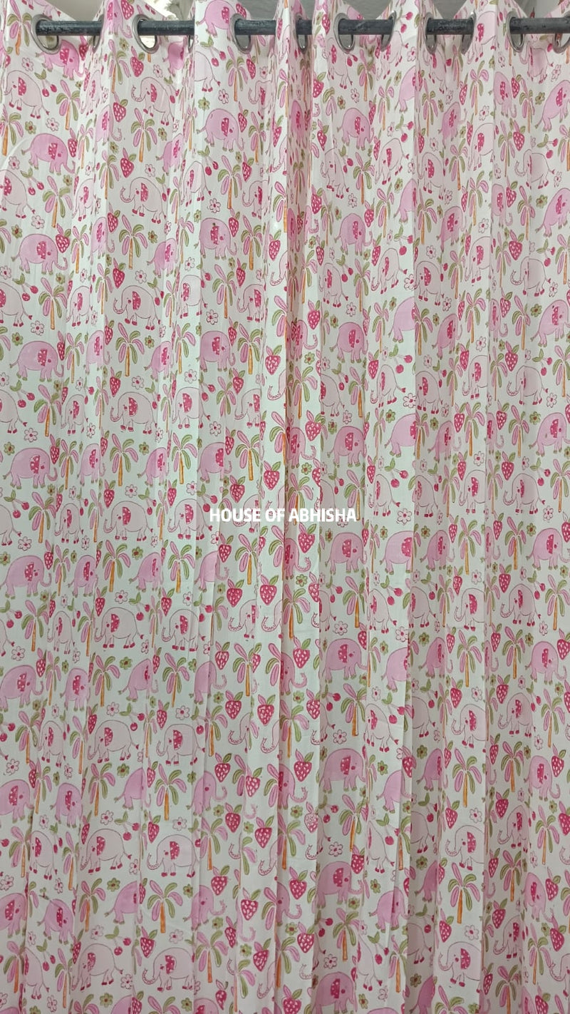 Pink Elephant Handblock Printed Cotton Curtains