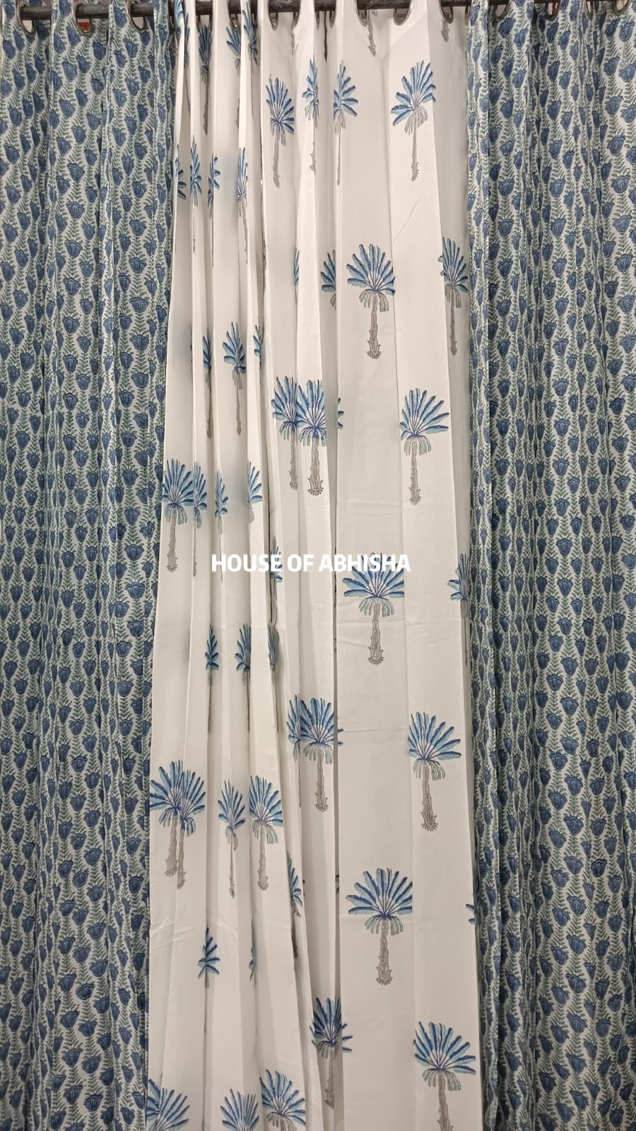 Blue Palm Handblock Printed Cotton Curtains