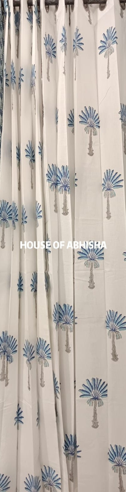 Blue Palm Handblock Printed Cotton Curtains