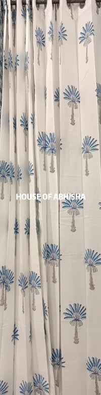 Blue Palm Handblock Printed Cotton Curtains