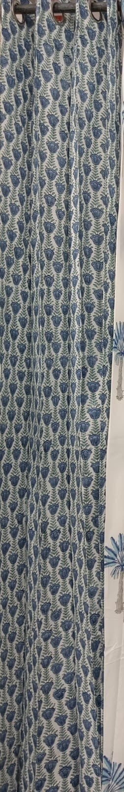 Blue Palm Handblock Printed Cotton Curtains