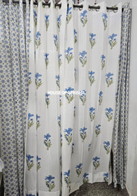 Blue Tulip Handblock Printed Cotton Curtains