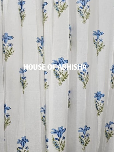 Blue Tulip Handblock Printed Cotton Curtains