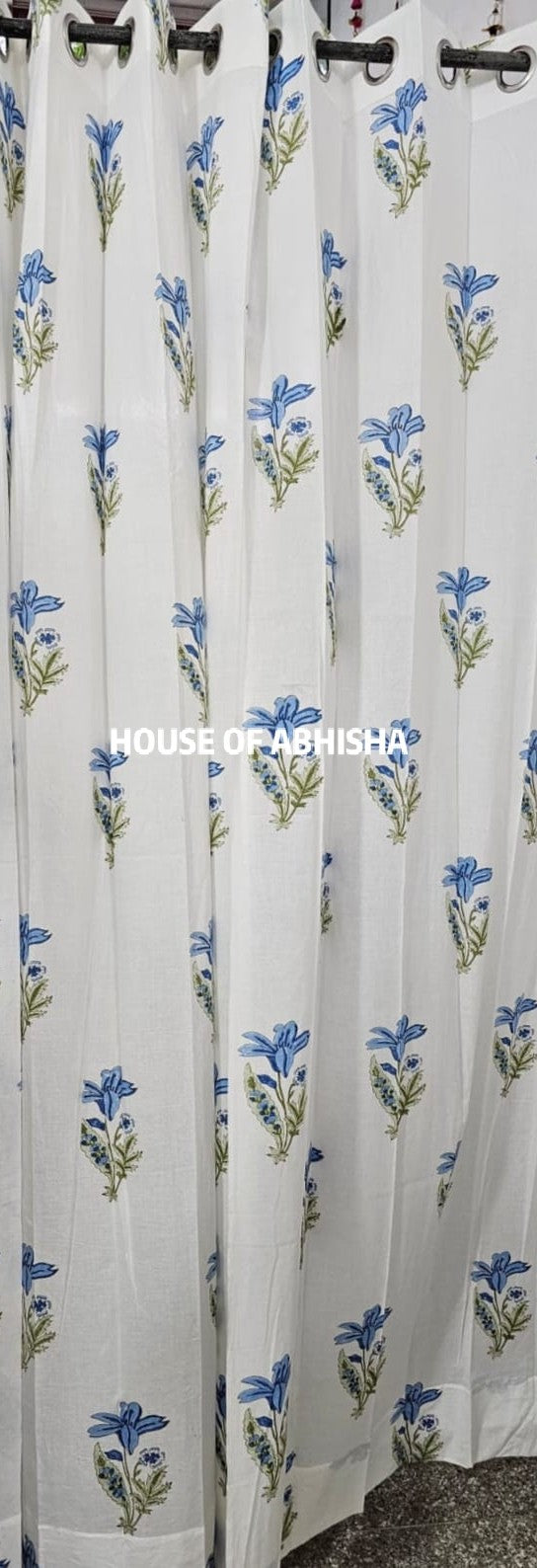 Blue Tulip Handblock Printed Cotton Curtains