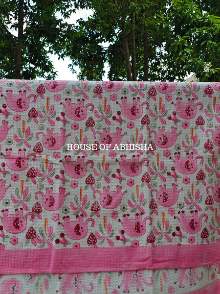 Pink Elephant Handblock Waffle Cotton Towel