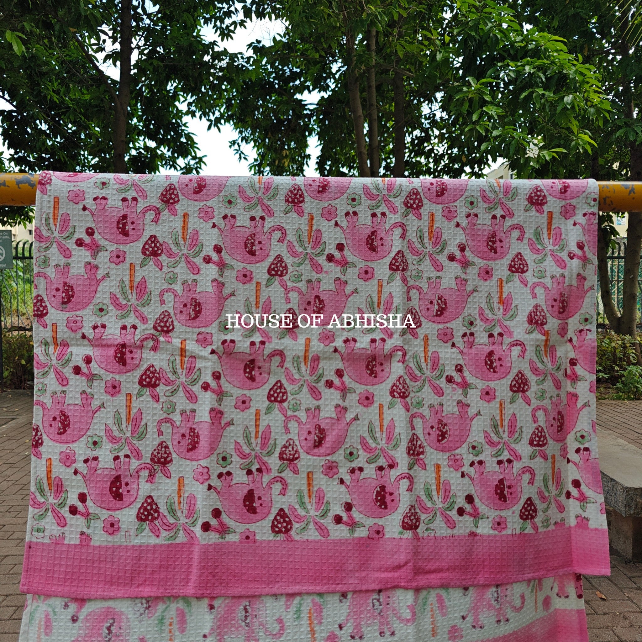 Pink Elephant Handblock Waffle Cotton Towel