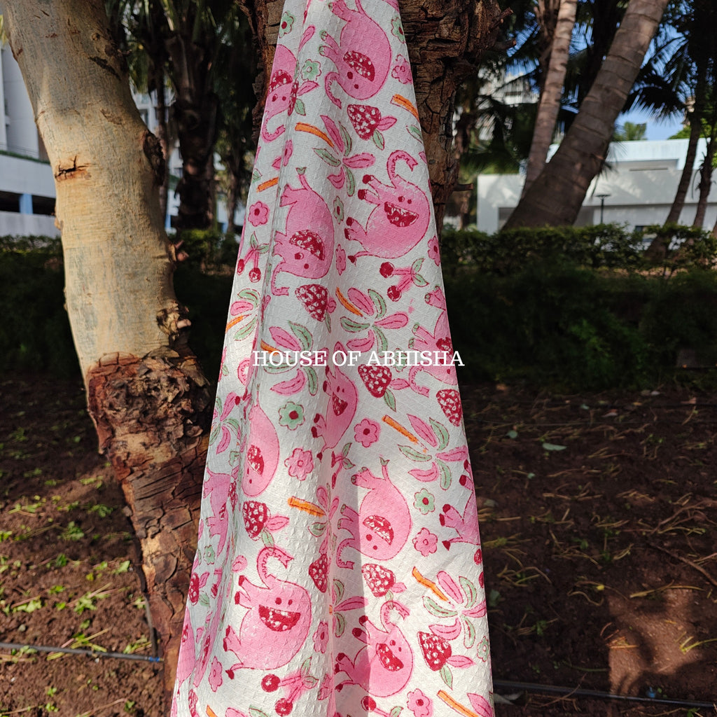 Pink Elephant Handblock Waffle Cotton Towel