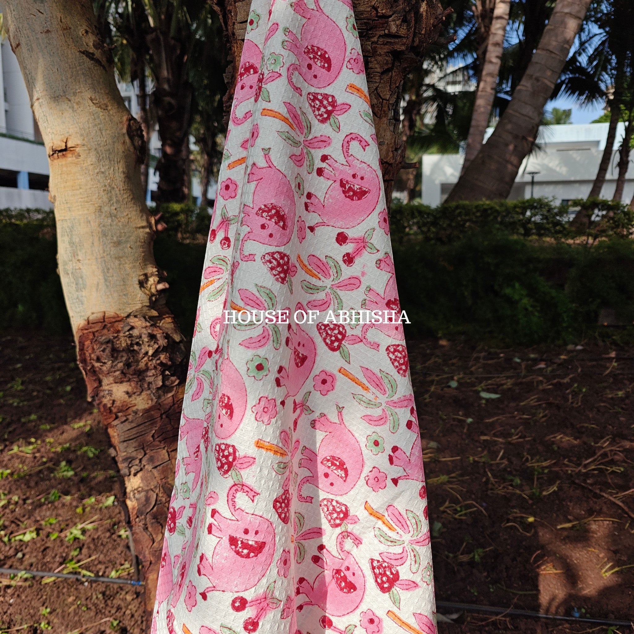 Pink Elephant Handblock Waffle Cotton Towel
