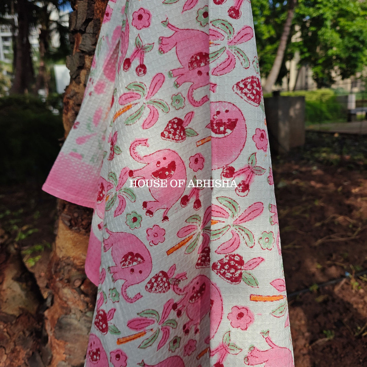 Pink Elephant Handblock Waffle Cotton Towel