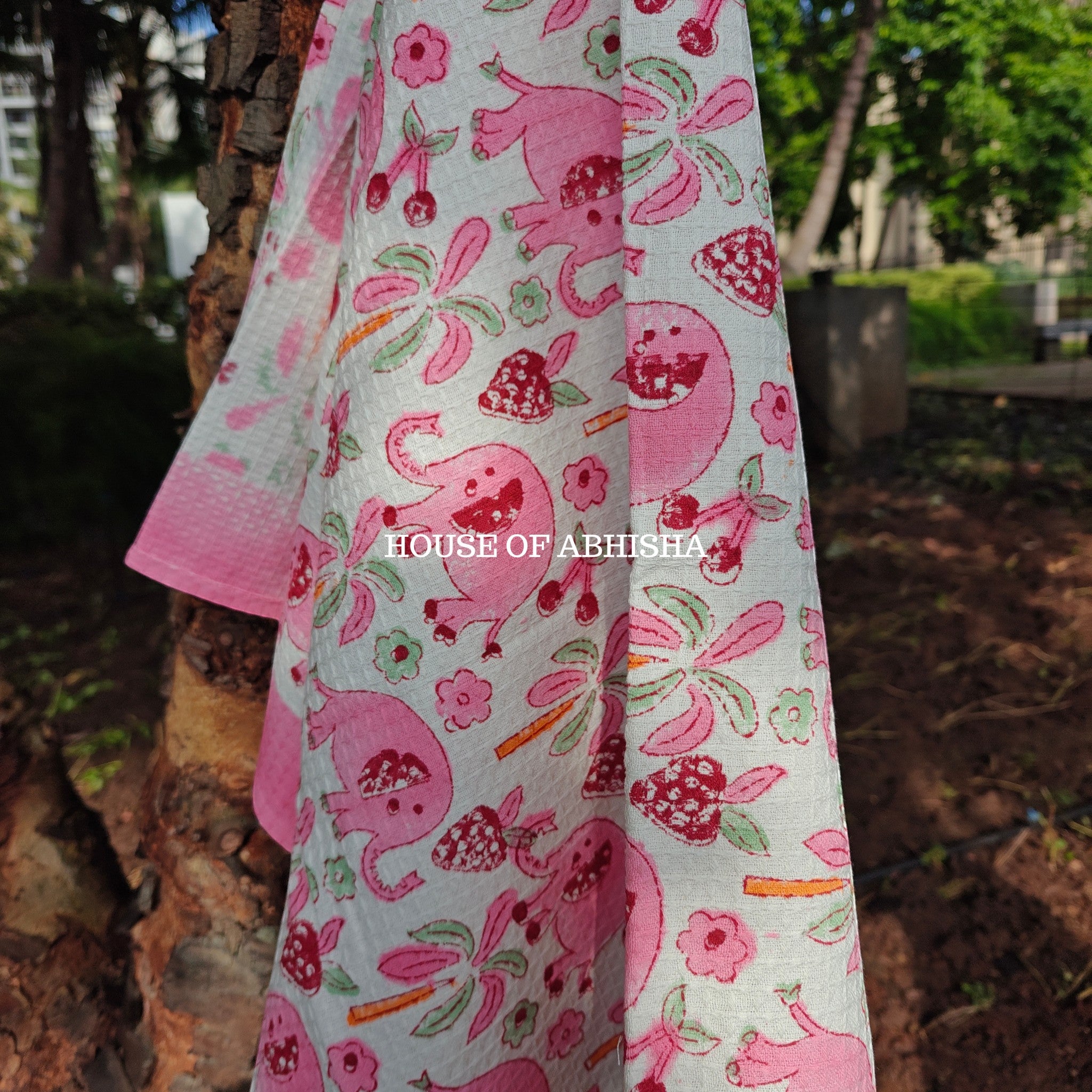 Pink Elephant Handblock Waffle Cotton Towel