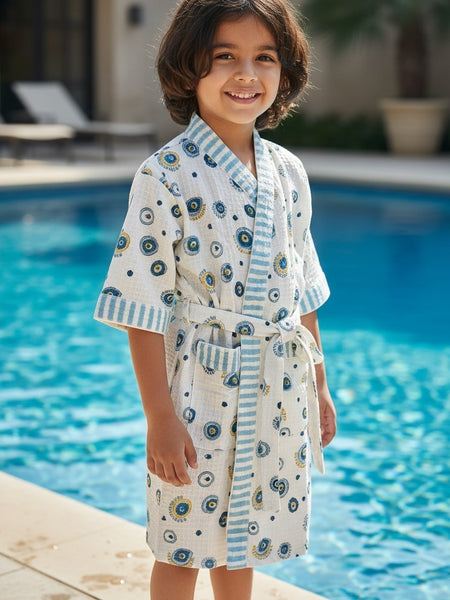 Evil Eye Handblock Printed Kids Waffle Cotton Bathrobe