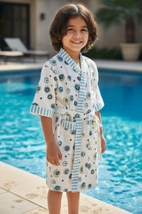 Evil Eye Handblock Printed Kids Waffle Cotton Bathrobe