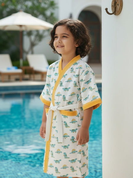 Marine World Handblock Printed Kids Waffle Cotton Bathrobe