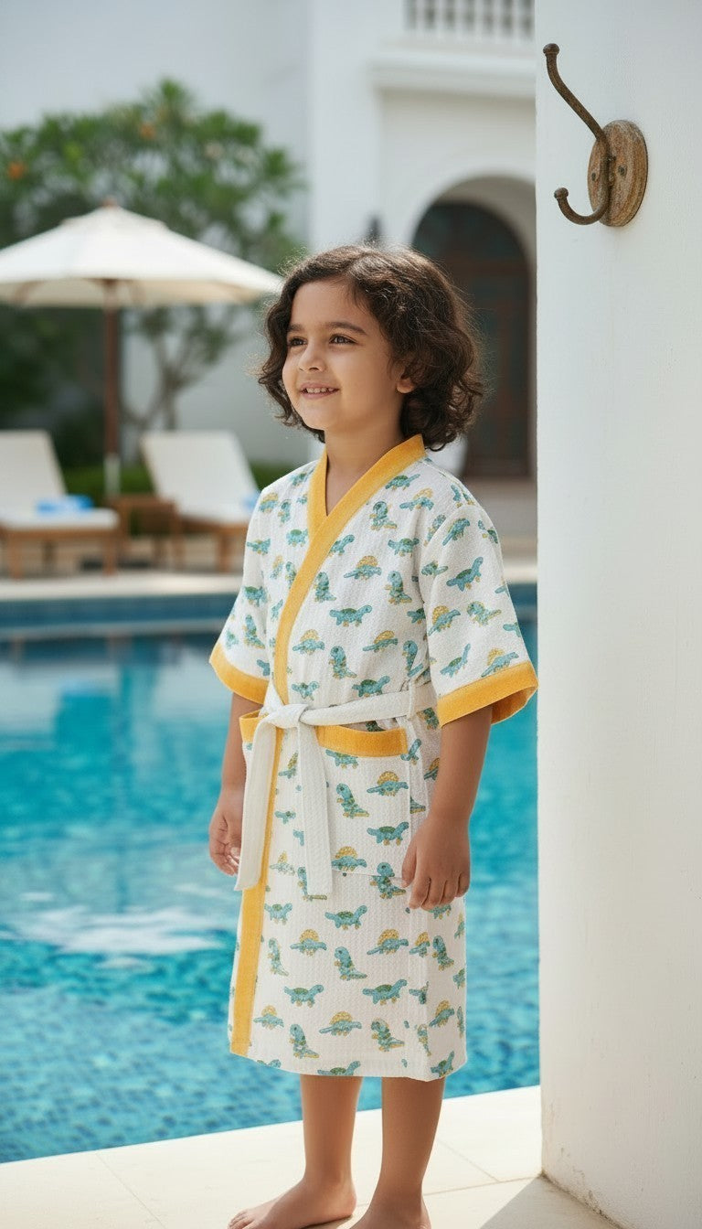 Marine World Handblock Printed Kids Waffle Cotton Bathrobe