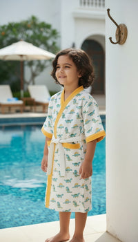 Marine World Handblock Printed Kids Waffle Cotton Bathrobe