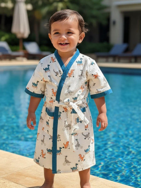 Dino World Handblock Printed Kids Waffle Cotton Bathrobe
