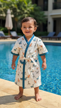 Dino World Handblock Printed Kids Waffle Cotton Bathrobe